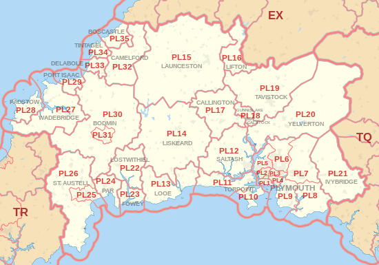 PL postcode area map, showing postcode districts, post towns and neighbouring postcode areas.