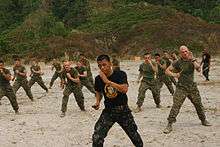 Philippine Marine Corps instructor teaching US Marines Pekiti-Tirsia Kali during military exercises.