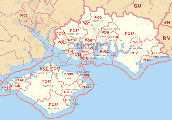 PO postcode area map, showing postcode districts, post towns and neighbouring postcode areas.