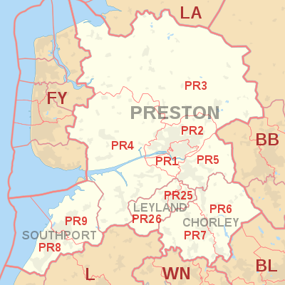 PR postcode area map, showing postcode districts, post towns and neighbouring postcode areas.