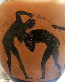 Two athletes competing in the pankration. Panathenaic amphora, made in Athens in 332–331 BC, during the archonship of Niketes. From Capua