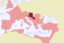 The Roman empire in red with a land in darker red; water is in pale blue, and non-Roman land in grey