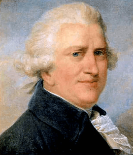 Head and shoulders portrait of a white-haired, portly, middle-aged man with a pinkish complexion, blue velvet coat, and a ruffle