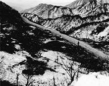 Two soldiers standing along a road that is located in a valley