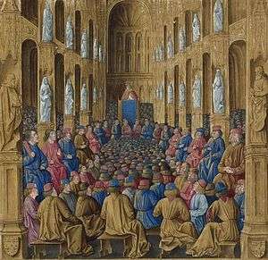 Painting of a large group of men in a room with many statues