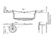 On the top is a cross-sectional sketch of a river. Spanning the gap is a wire, which is suspended between two posts; the ends of the wire are attached to two devices on the opposing banks. At the bottom-left is a wheel traveling on the wire, and at the bottom-right is the cross-sectional view of the wheel.