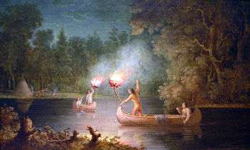 Painting of men in canoes holding torches with trees in the background