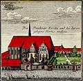 Neue Kirche, coloured engraving from 1949 showing the exterior surrounded by walls and lawn