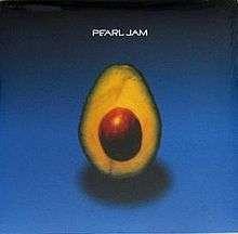 A half-cut avocado stands in the center of a black to blue gradient. The title "Pearl Jam" is written in white letters atop it.
