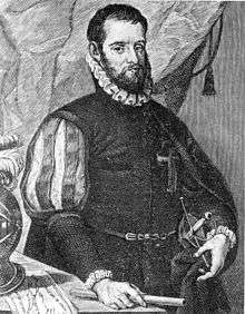 A black and white etching of Spanish explorer Pedro Menéndez de Avilés standing at a table with maps and holding a sword