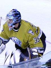 An ice hockey player stands partially crouched, while facing to the left of the camera. He is wearing a black and blue helmet and a yellow uniform with a large sabertooth head on his chest.
