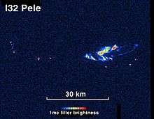 A colorized image, with a multi-colored region in the middle, elongated left-to-right. The text "I32 Pele" is displayed at top left, and at bottom center, and a color chart of the gradient used. A scale bar shows that the image covers an area 60 kilometers across.