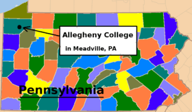 Map of Pennsylvania with Allegheny in Meadville in the upper left corner of the state