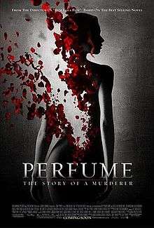 The film's poster is dominated by the dark silhouette of a naked woman standing against a brightly lit black background with her back facing towards the camera. The top left quarter of her back, from her lower back to her left shoulder, has been digitally altered to deteriorate gradually into a bevy of bright red rose petals.
