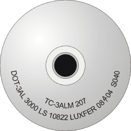  Diagram of a cylinder shoulder with stamp marking: TC3ALM 207 DOT-3AL 3000 LS 10822 LUXFER 08(testing authority stamp)04 S040
