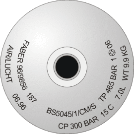 Diagram of a cylinder shoulder with stamp marking: FABER 96/9856 187 BS5045/1/CM/S TP 265 BAR AIR/LUCHT 06.96 CP 300BAR 15C 7.0L WT 9.9 kg