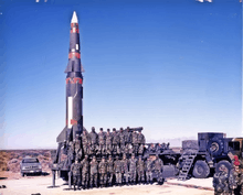 missile erect on launcher, soldiers launcher posed for photo
