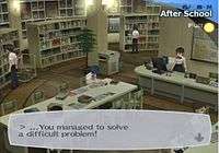 A teenage boy with blue hair sits at a desk in his school's library, studying. The dialogue box in the lower-third of the screen reads "You managed to solve a difficult problem!" The top-right area of the screen denotes that the date is June 8, the current time period is "After School", and the moon is full.