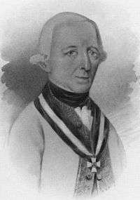 Black and white print of a long-nosed man in a late 18th century wig. He wears a white military coat with an Order of Maria Theresa cross.