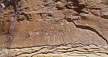 A color picture of some petroglyphs on a tan sandstone cliff face
