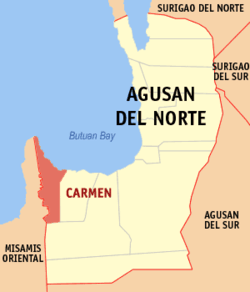Map of Agusan del Norte with Carmen highlighted