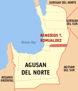 Map of Agusan del Norte with R. T. Romualdez highlighted