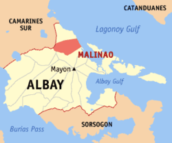 Map of Albay with Malinao highlighted