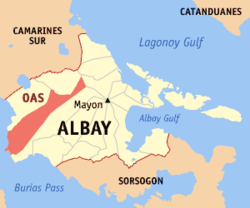 Map of Albay showing the location of Oas