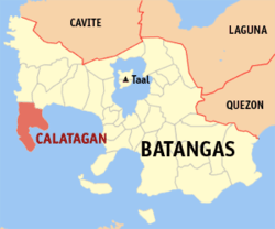 Map of Batangas showing the location of Calatagan
