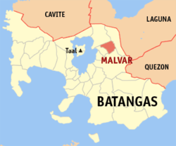 Map of Batangas showing the location of Malvar