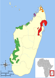Map of Madagascar, off the southeast coast of Africa, with a range covering parts of the west, northwest, north, and northeast.