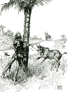 A black-and-white political cartoon.  Uncle Sam (representing the United States) gets entangled with rope around a tree labeled "Imperialism" while trying to subdue a bucking colt or mule labeled "Philippines" while a figure representing Spain walks off over the horizon.