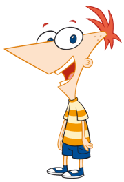 A picture of a red-haired boy, with a white and orange striped shirt with blue cargo shorts, a pair of blue trainers with white laces, that has a triangular face and it is sideways including a circular ear, who has black eyes with a white dot.