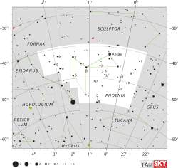 Diagram showing star positions and boundaries of the Phoenix constellation and its surroundings
