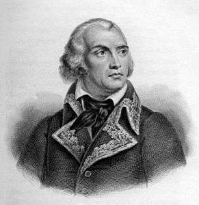 Black and white print of a man with collar-length white hair and a prominent widow's peak. He wears the dark uniform of a 1790s French general.