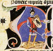 An armed men, wearing a sword and a shield depicting a bird of prey