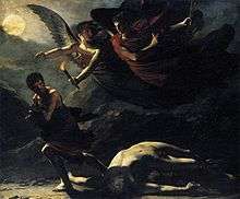 darkly shaded painting of two winged angels chasing man who runs away from a fallen, naked body