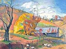 Pierre Daura, "Fall at the McCorkle's Barn", c. 1942, oil painting on canvas board, 17.5 in x 23.63 in