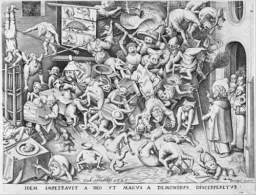 A heavily detailed black-and-white printed drawing of a room filled with demon-like beings.  A magician stands to the right, hand aloft and carrying a long rod.