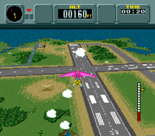 The screenshot shows a pink hang glider in flight above an airstrip compound at sea. A dotted ring and a rising air thermal are visible in the background. The player's radar, altitude, and time are visible at the top of the image.