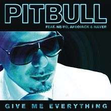 Monochromatic blue close-up of a goateed man wearing sunglasses and tilting his head downward. Above, the word "Pitbull" is written in large majuscule blue outline on a black background with "feat. Ne-Yo, Afrojack & Nayer" directly under in small majuscule font. Below, "Give Me Everything" is written in similar blue majuscule font.