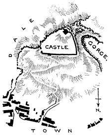 A plan showing Peveril Castle in relation to the settlement of Castleton. The triangular castle sits on a hill south of Castleton.