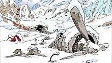 A comic-strip panel of an aeroplane crashed in a mountainous area, covered in snow
