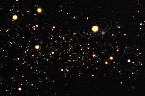 Size-exaggerated artist's conception showing the ratio of planets to stars in our galaxy
