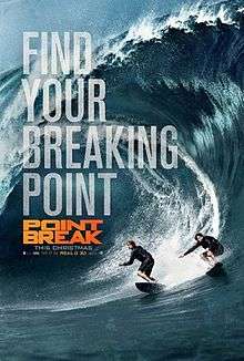 Two surfers are surfing over a big water wave, with the film's title and credits in front of them.