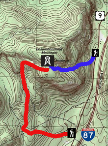 A topographic map of the mountain, showing nearby roads and icons for facilities, with a short trail to the summit in blue and a long one nearer the bottom in red