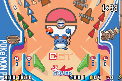 The image depicts the pinball hitting Marill, the target, on the Ruby board. The player has hit it once and has to hit it two more times. The board is decorated with several Pokémon, including Zigzagoon, Pikachu, and Latias. The statistics are shown on the bottom, while the time remaining is shown at the top.