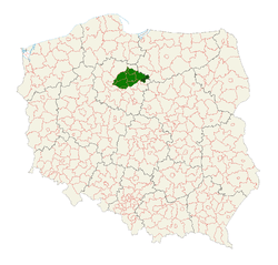 Map of Poland with a region marked. The region is in the upper middle and covers about 2% of the land area.
