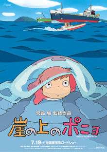 A young fish on a jellyfish looking outside. Behind her is three boats sailing in the sea near a cliff. Text below reveals the film's title and the credits.