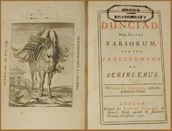 Frontispiece—an engraving of a donkey burdened by a pile of books—and title page of a book, incribed "DUNCIAD // With NOTES // VARIORUM, // AND THE PROLEGOMENA OF SCRIBLERIUS."